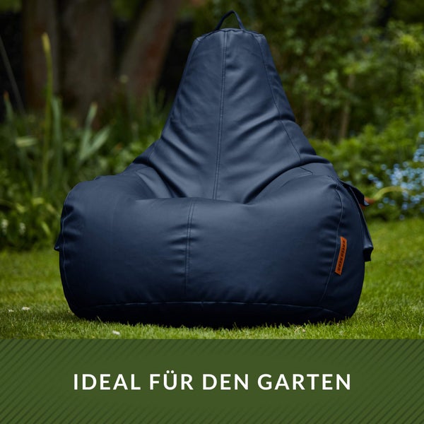 Green Bean Sitzsack aus Kunstleder mit EPS Perlen Füllung - 90 x 80 x 70 cm - Bean Bag Sitzkissen Sitzpuff Sitzsessel Bodenkissen Lounge Gaming Chair Rückenlehne - Dunkelblau