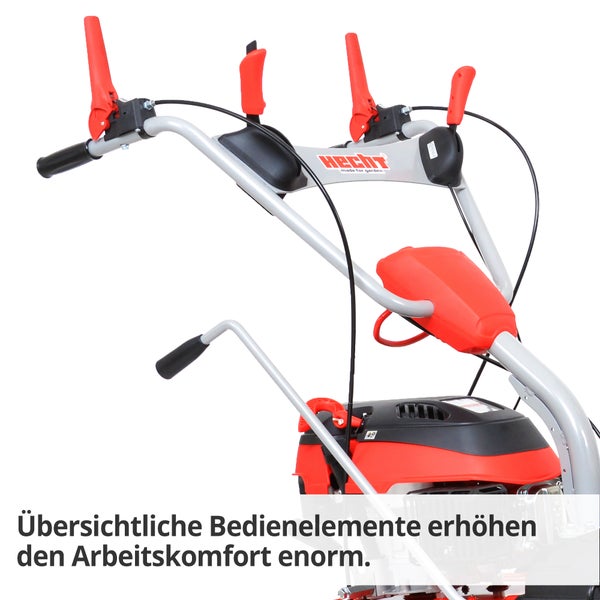 Detailaufnahme der Bedienelemente einer Gartenhacke der Marke Hecht