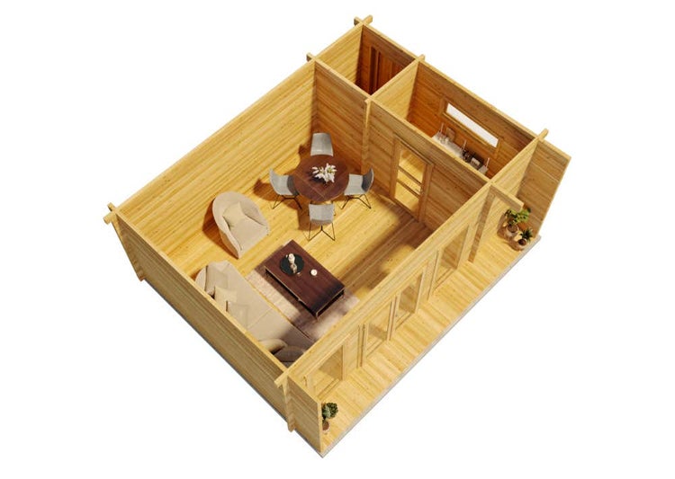 Isometrischer Grundriss eines Gartenhauses aus Holz mit drei Räumen, eingerichtet mit Sofa, Esstisch und Sesseln.