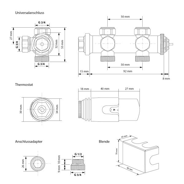 ECD Germany Badheizkörper Mittelanschluss 600 x 1200 mm Anthrazit gebogen mit Anschlussgarnitur inkl. Thermostat Universal Eck- und Durchgangsform Heizkörper Heizung Handtuchwärmer Handtuchtrockner