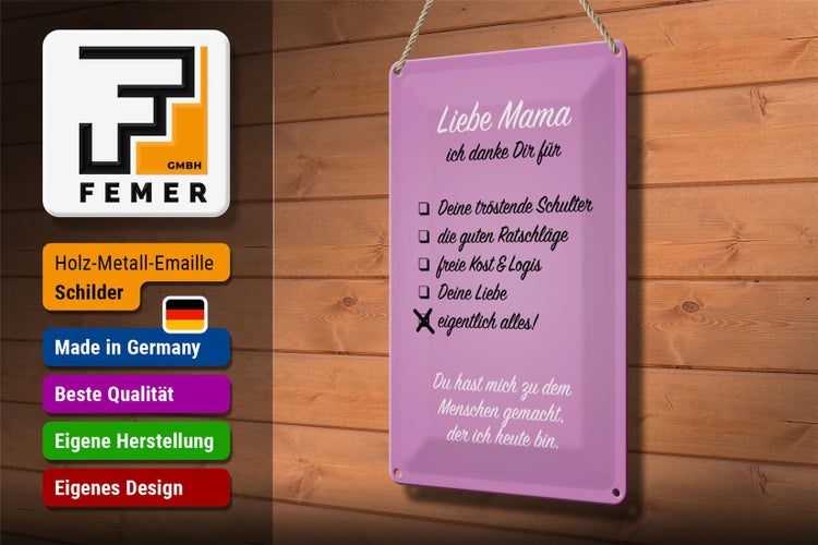 Blechschild Spruch 20x30cm Liebe Mama ich danke Schild
