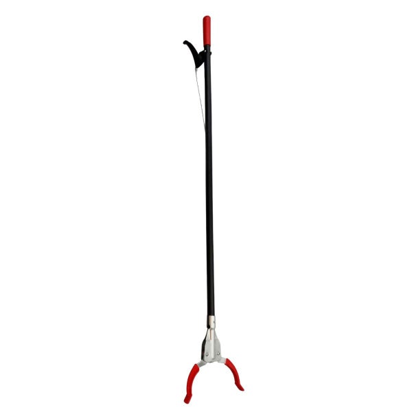 Müllgreifer aus Metall und Kunststoff mit schwarzem Stab und roten Griffteilen.