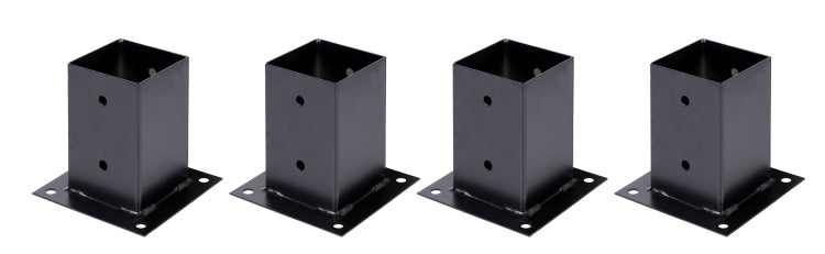 Vier Pfostenträger zum Aufschrauben aus Stahl für quadratische Holzpfosten.
