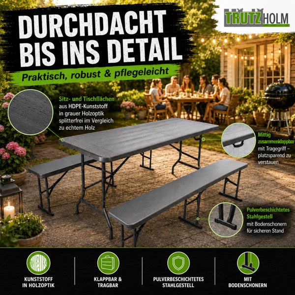 Trutzholm Bierzeltgarnitur mit Tisch und zwei Bänken aus Kunststoff in Holzoptik mit klappbarem Stahlgestell für den Garten.
