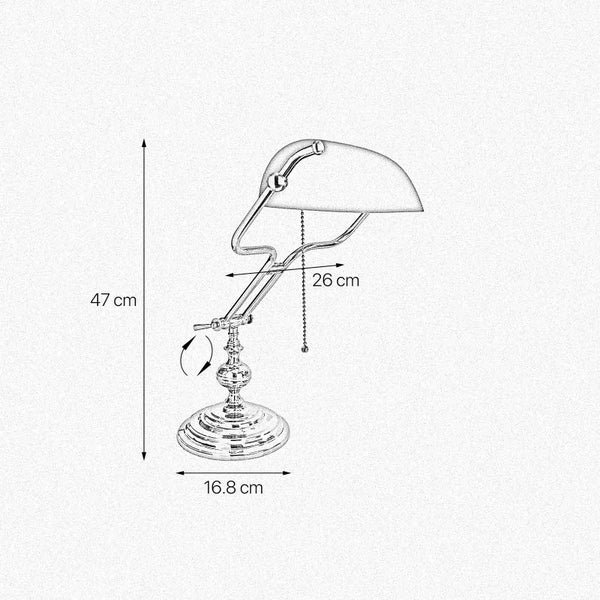 Skizze einer Schreibtischleuchte mit den Maßangaben Höhe 47 Zentimeter, Ausladung 26 Zentimeter und Fußdurchmesser 16.8 Zentimeter