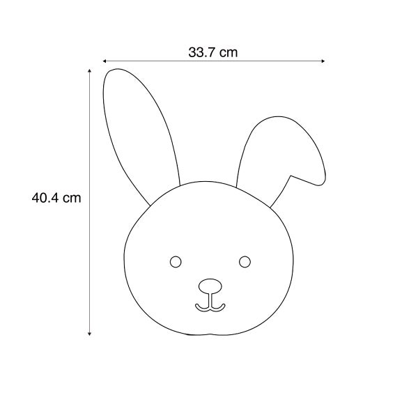 Umriss eines Hasenkopfes mit Maßangaben: Höhe 40,4 Zentimeter und Breite 33,7 Zentimeter.
