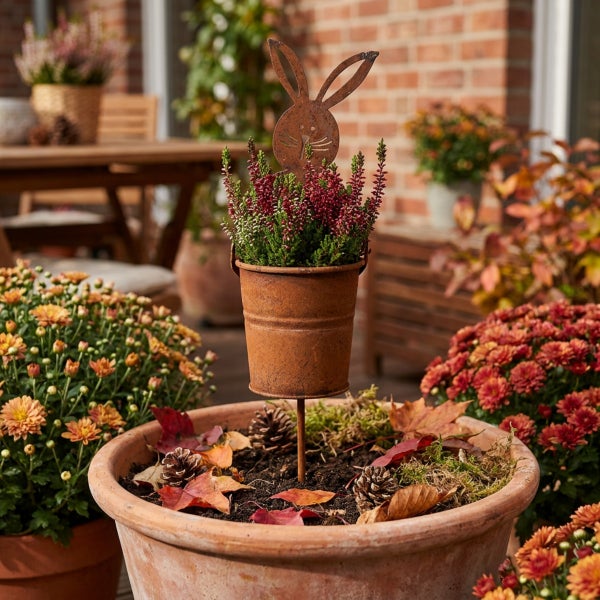 Rostige Metall Gartenstecker mit Osterhasen Motiv und Pflanztopf in einer herbstlich dekorierten Terrassenszene mit Blumen und Tontopf.
