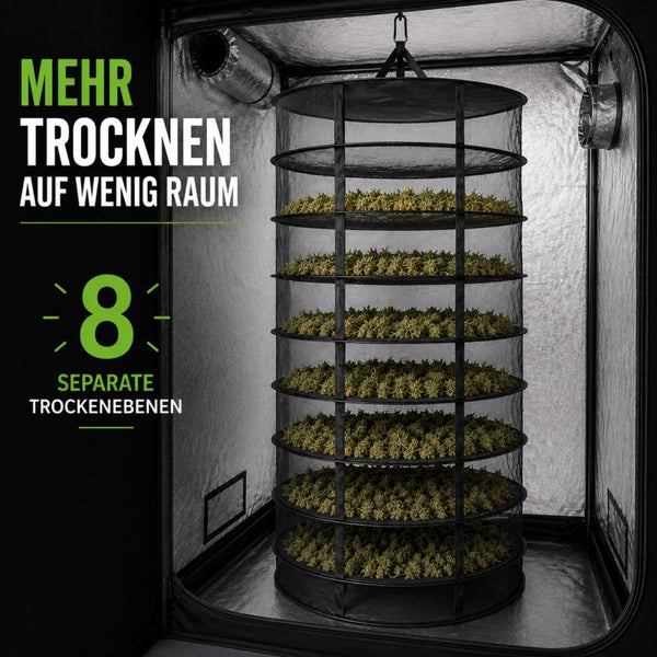 Trockennetz mit acht separaten Ebenen für Pflanzen, hängend in einer Growbox mit reflektierender Innenwand.