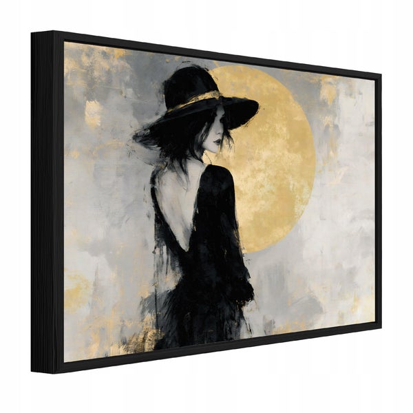 Wandbild mit abstraktem Motiv einer Frau mit Hut in einem schwarzen Rahmen.
