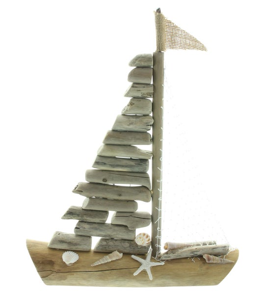 FRANK FLECHTWAREN | Dekoboot Sailor, HOLZ, MUSCHELN, JUTE, METALL, 33,5 x 6,5 x 39,5 cm