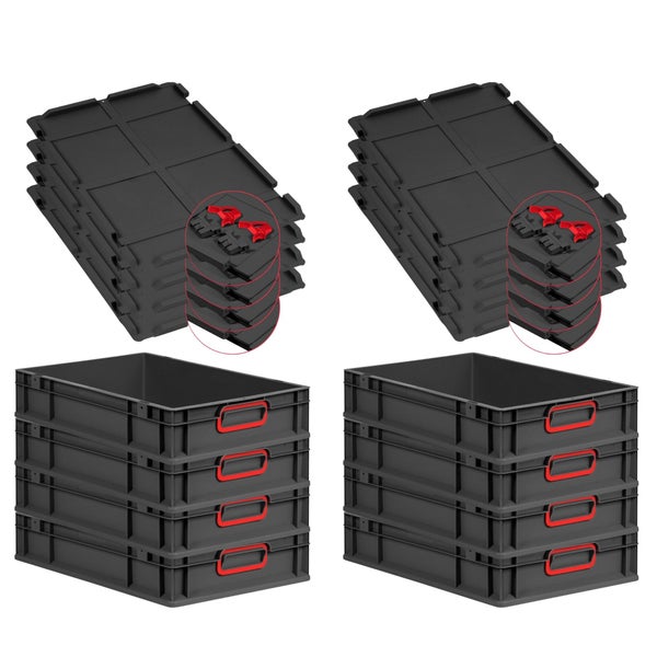 PROREGAL SuperSparSet 8x Eurobox NextGen Color mit Scharnierdeckel und Schiebeschnappverschlüssen, HxBxT 12x40x60cm, 23 Liter, Schwarz, Griffe rot geschlossen, Eurobehälter, Transportbox, Transportbehälter, Stapelbehälter