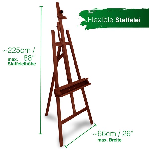 Flexible Holz Staffelei mit einer maximalen Höhe von 225 cm