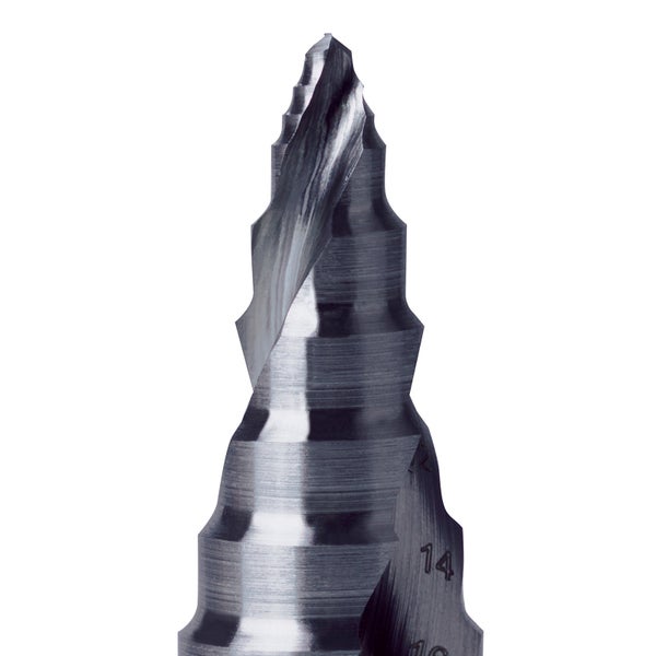 Stufenbohrer aus Stahl mit Spiralschliff und mehreren Durchmessern.