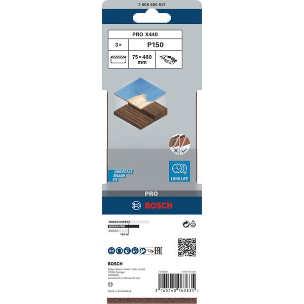 Bosch Pro X440 Schleifbänder, Körnung P150, 75x480 Millimeter, Dreierpackung