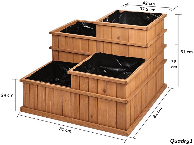 needs&wants® Multi Hochbeet mit 4 Pflanzkästen quadratisch aus Holz für Garten Balkon Terrasse, 4er Pflanzbeet Blumenbeet niedrig mit Folie, 81 x 81 x 61 cm, braun