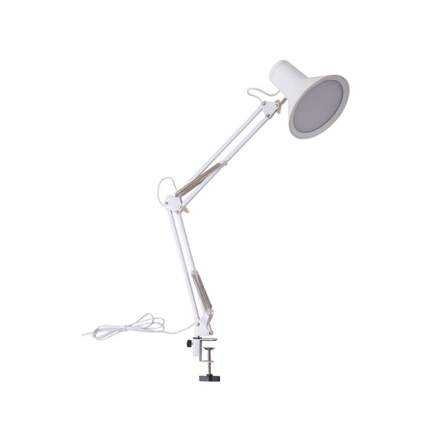 Weiße Schreibtischlampe mit Klemmfuß, verstellbarem Gelenkarm und rundem Leuchtkopf.