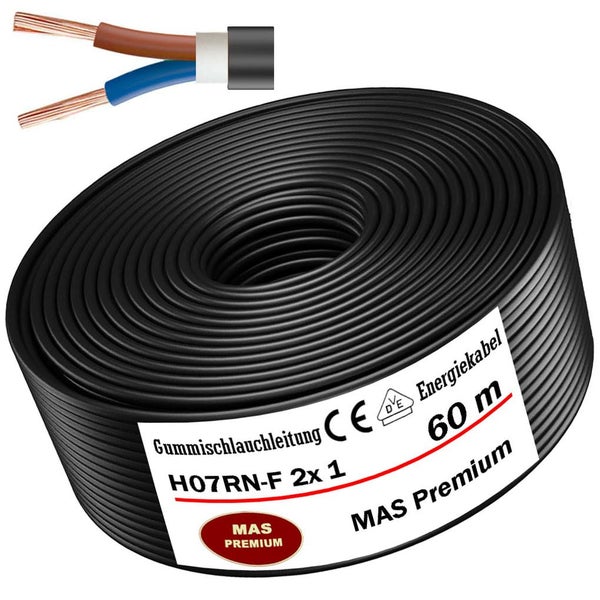 Schwarze Gummischlauchleitung H07RN-F 2 mal 1 Quadratmillimeter, 60 Meter Rolle, mit CE Kennzeichnung, VDE Prüfsiegel und MAS Premium Logo.