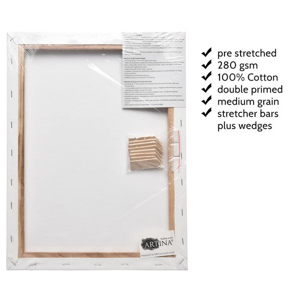 Vorgespanntes Artina Keilrahmenleinen, 280 g/qm, aus 100 Prozent Baumwolle, doppelt grundiert mit Keilen