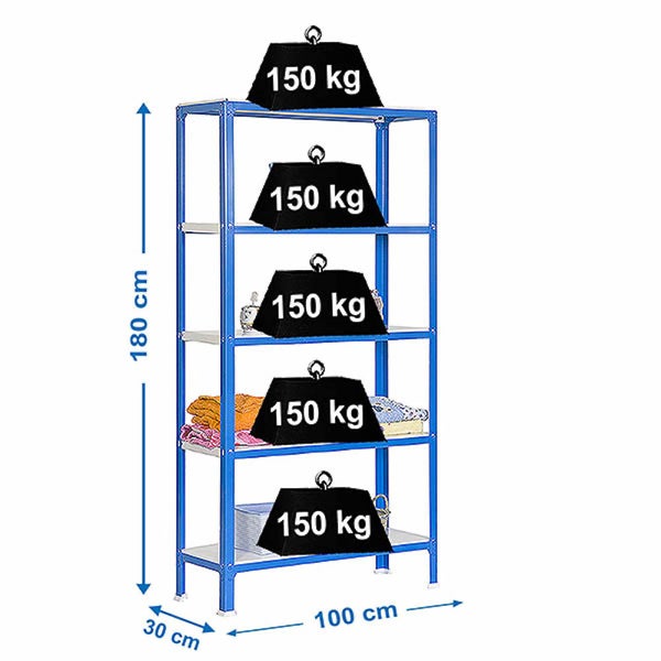 Blaues Schwerlastregal mit 5 Böden, Tragkraft 150 Kilogramm pro Boden, Maße 180 x 100 x 30 Zentimeter.
