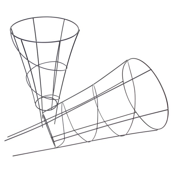Zwei kegelförmige Rankhilfen aus Metall für Pflanzen.