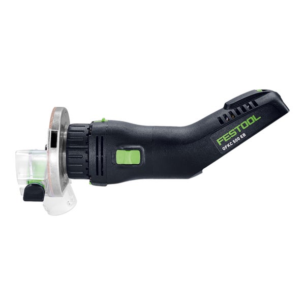 Festool Kantenfräse OFKC 500 EB für präzises Fräsen von Kanten mit schwarzem Gehäuse und transparentem Berührungsschutz.