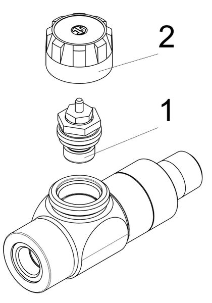 Explosionszeichnung eines Ventils mit IMI Heimeier Logo, Ventileinsatz Nummer eins und Schutzkappe Nummer zwei.