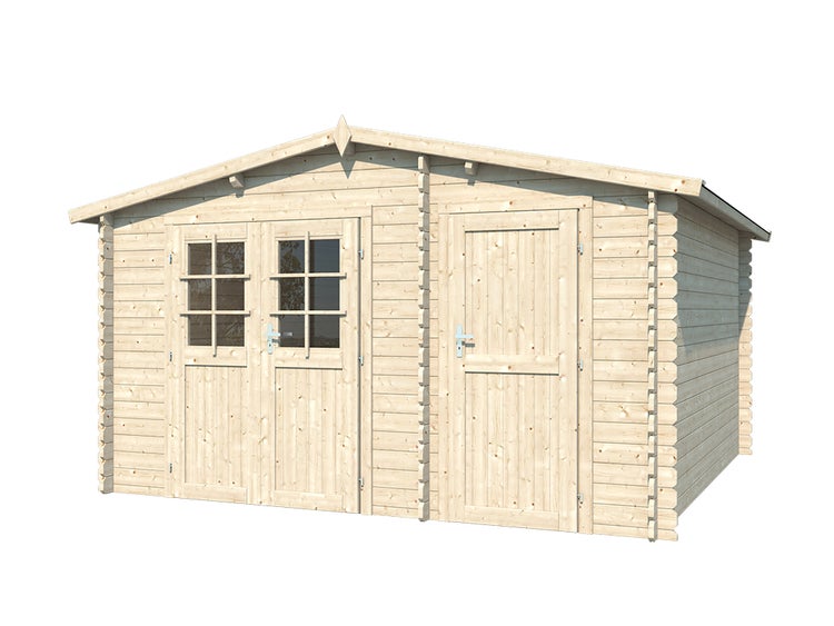 Gartenhaus aus hellem Holz mit Satteldach, einer Doppeltür mit Sprossenfenstern und einer zusätzlichen Einzeltür.