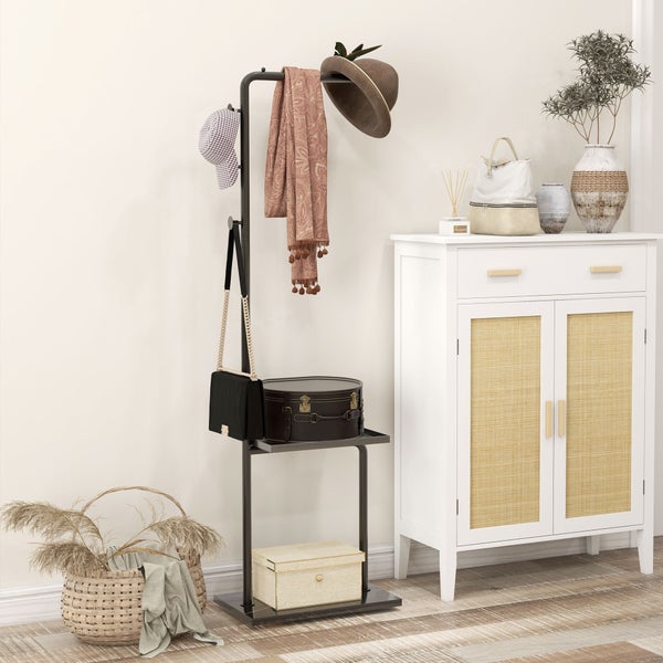 HOMCOM Garderobenständer, Kleiderständer mit Haken Tablett Garderobe für Kleidung, Hüte, für Flur, Eingang, 45 x 28 x 148 cm, Schwarz
