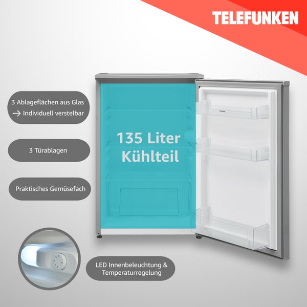 Telefunken Kühlschrank ohne Gefrierfach freistehend 135 Liter Kühlschrank klein mit Gemüsefach Standkühlschrank