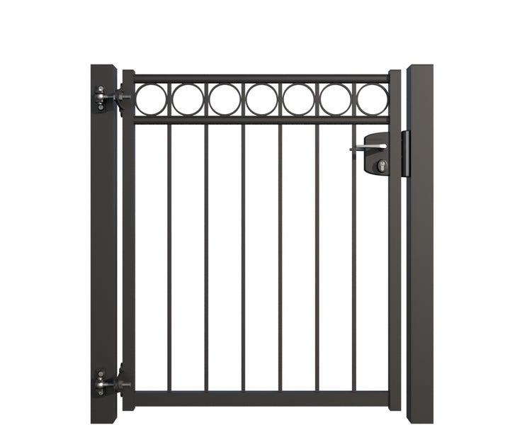 Gartentor mit vertikalen Stäben und kreisförmigen Verzierungen