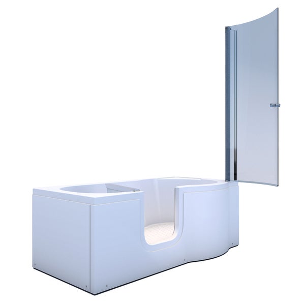 Barrierefreie Sitzbadewanne mit integrierter Tür und einem Glasaufsatz für die Dusche.