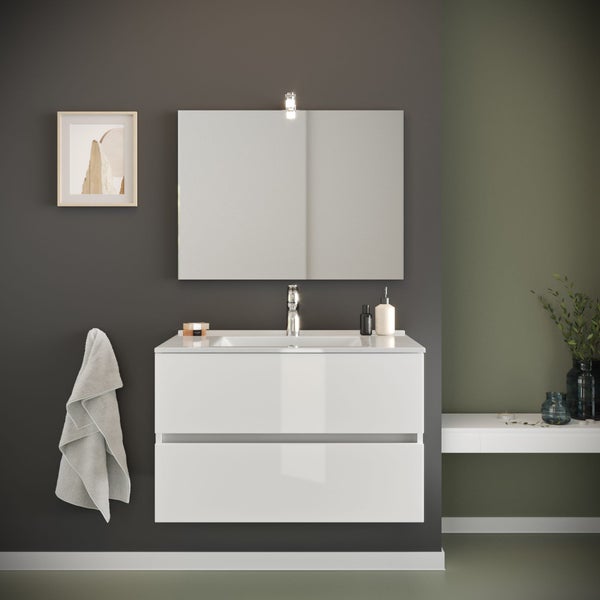 80 x 46 cm glänzend weißer Unterschrank mit Waschtisch und Spiegel | Benaco