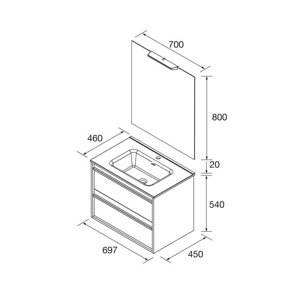 Maßskizze für ein Badmöbel-Set bestehend aus Unterschrank, Waschbecken und Spiegel mit Beleuchtung, Abmessungen in Millimeter.