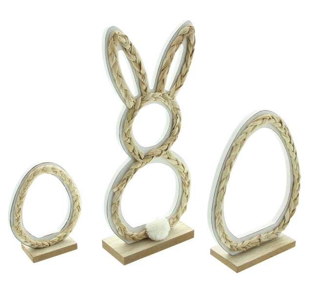 FRANK FLECHTWAREN | Osterdeko Natur, 3er Set, MDF, SEEGRAS, TEXTIL, H: 12 cm, 14,5 x 5 x 18 cm, 12,5 x 5 x 27,5 cm
