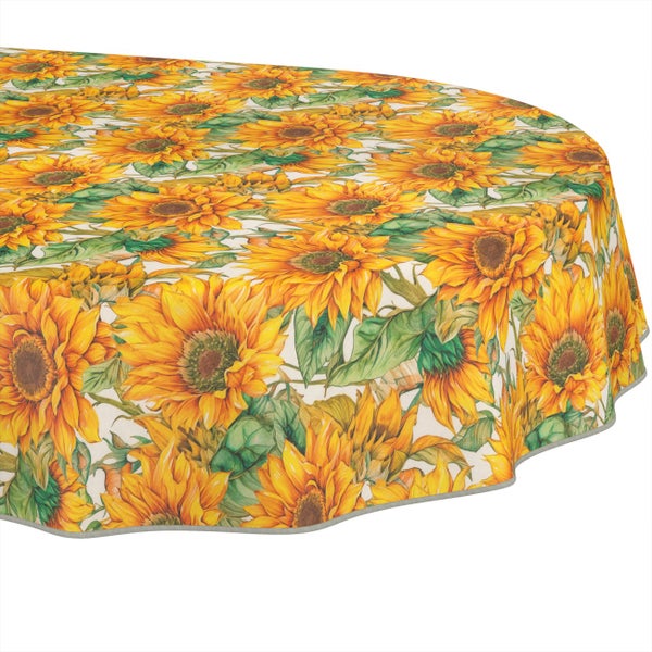 Runde Tischdecke mit einem Muster aus gelben Sonnenblumen und grünen Blättern.