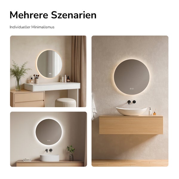 Moderner runder LED-Badezimmerspiegel in drei minimalistischen Szenen über einem Waschtisch und Schminktisch mit indirekter Beleuchtung.