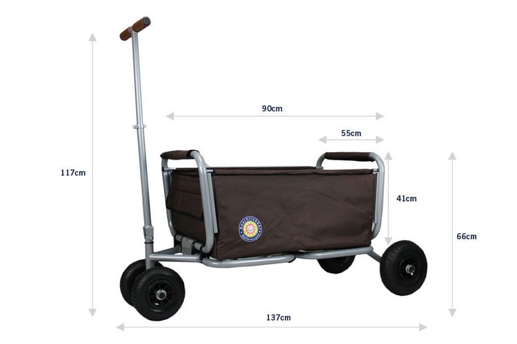 Beachtrekker Bollerwagen mit Maßangaben und Zugdeichsel.
