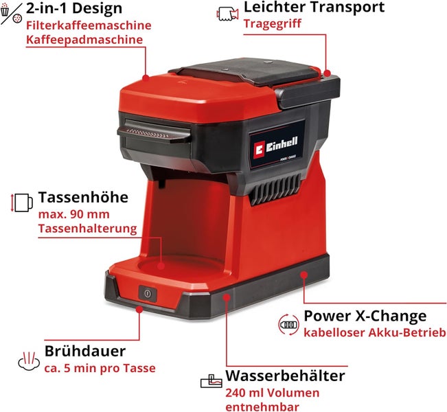 Einhell Akku-Kaffeemaschine, Zwei-in-eins für Filterkaffee und Pads, Tragegriff, circa 5 Minuten Brühzeit, 240 Milliliter Wassertank, Einhell Logo.