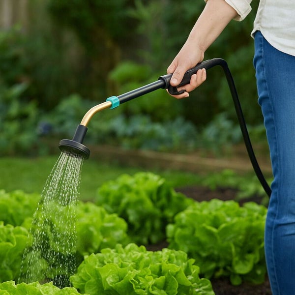 Person bewässert geordnete Salatpflanzen im hellen Garten mit einer Gießlanze mit ergonomischem Griff und Messing-Bogenstück.
