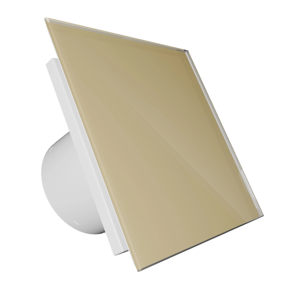 Badlüfter mit quadratischer Glasfront in Gold und weißem Gehäuse.