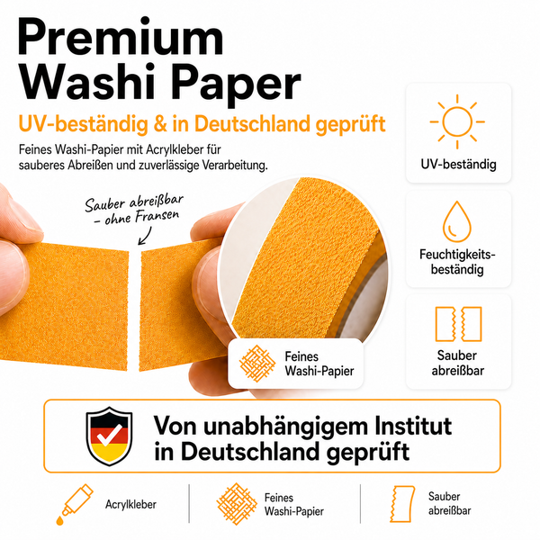 Premium Washi-Tape, UV-beständig, feuchtigkeitsbeständig, sauber abreißbar, in Deutschland geprüftes Abklebeband aus feinem Washi-Papier.