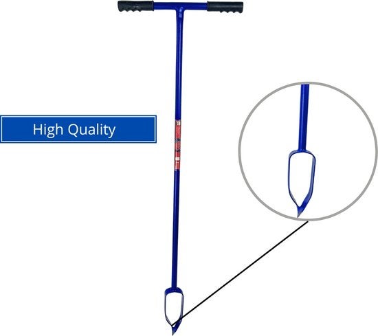 Manueller blauer Erdbohrer aus Metall mit T-Griff, schwarzen Handgriffen, Detailansicht der Bohrspitze und Siegel für hohe Qualität.