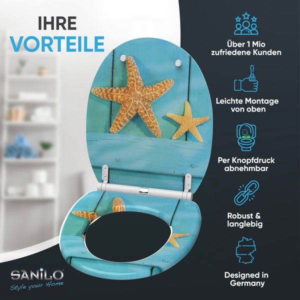 Sanilo Toilettensitz mit Seestern-Motiv: Leichte Montage von oben, per Knopfdruck abnehmbar, robust, langlebig, in Deutschland entworfen. Sanilo Logo.