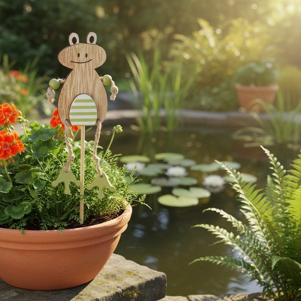 Heller Garten mit einem Holz-Gartenstecker in Froschform in einem Terrakotta-Topf neben einem Teich mit Seerosen und Farnen.