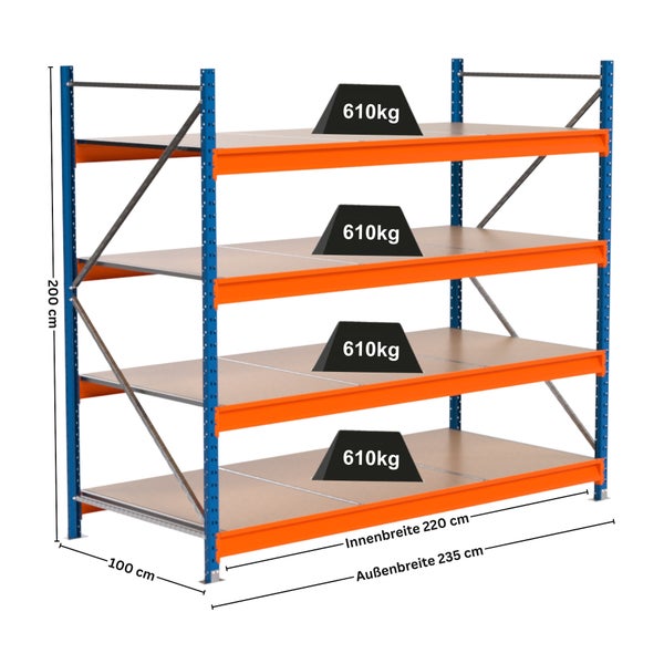Lagerregal mit vier Ebenen und Traglastangabe