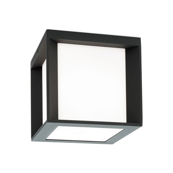 Moderne, würfelförmige Außenwandleuchte mit dunkelgrauem Metallrahmen und weißem Diffusor.