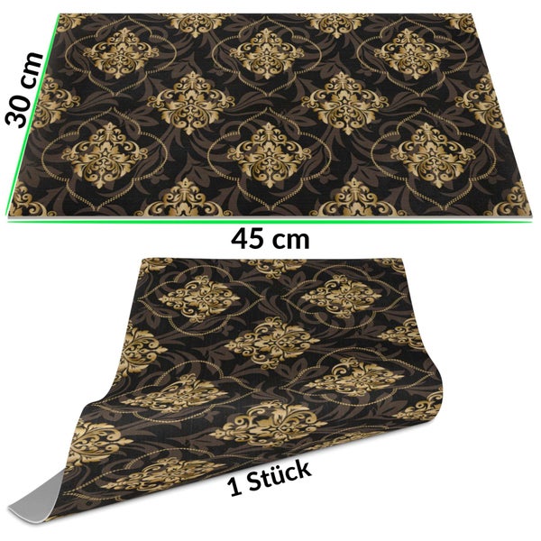 Selbstklebende Dekorfolie mit barockem Muster in Gold und Dunkelbraun, 30 mal 45 Zentimeter, ein Stück.