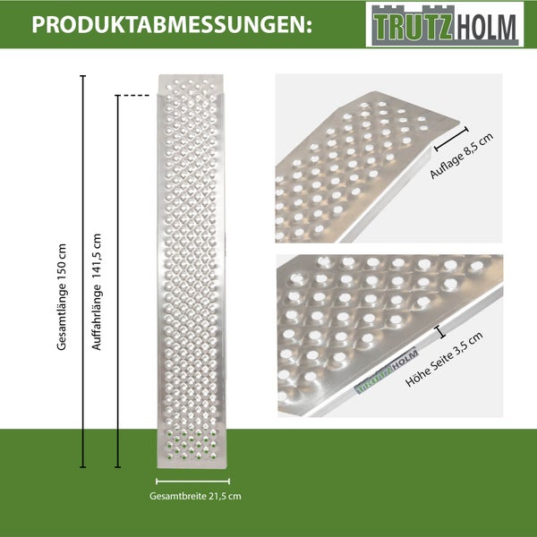 TRUTZHOLM 1 x Alu Auffahrrampe 150 x 21,5 cm 200 kg rutschhemmend starr Fahrradrampe Verladerampe