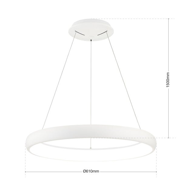 Moderne LED Pendelleuchte in Ringform mit Montageplatte, Durchmesser 610 Millimeter, maximale Abhängung 1500 Millimeter.