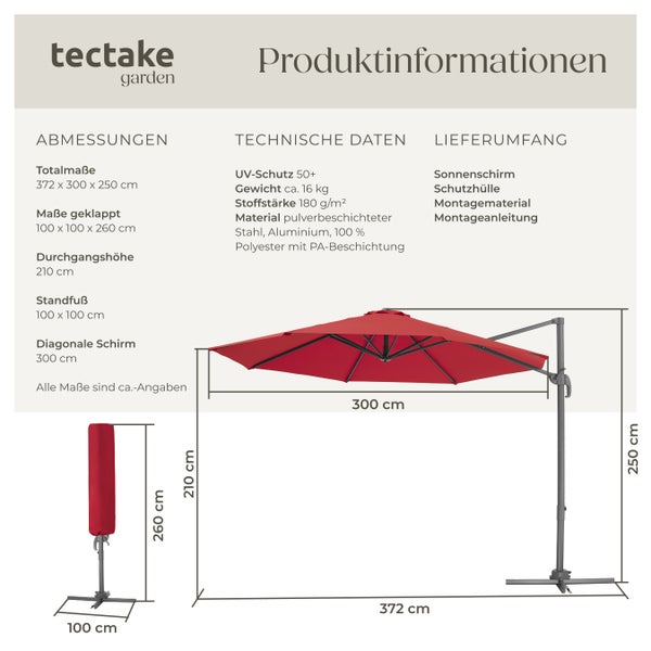 Sonnenschirm tectake Daria UV-Schutz 50+, inklusive Schutzhülle Ø 300 cm weinrot